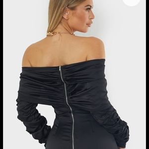 Black pleated satin shoulder midi dress